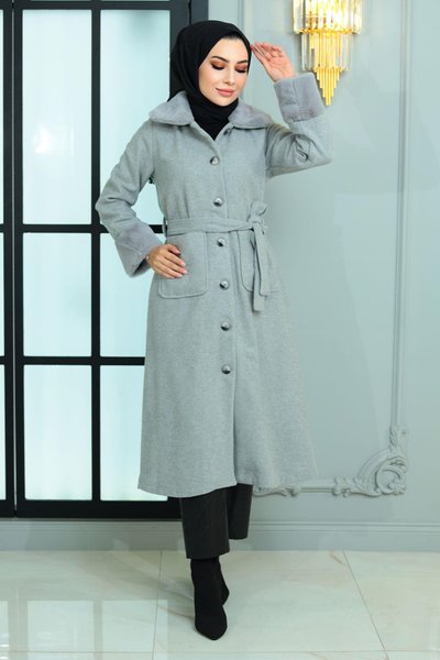 Gri Kaşe Kürk Detaylı Kaban