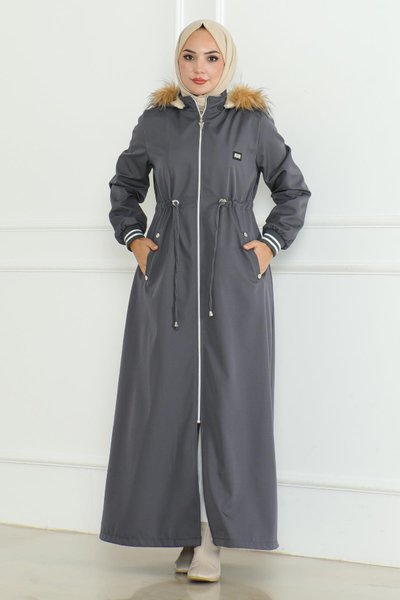 Gri Ribanalı Beli Bağcıklı Mont