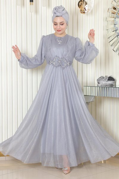 Gri Simli Drapeli İnci Detaylı Şifon Tesettür Abiye Elbise