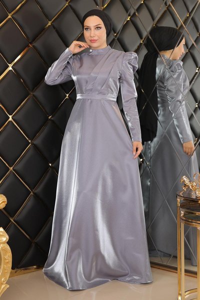Gri Tesettür Göğsü Drapeli Abiye Elbise