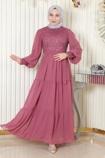 Gül Kurusu Pulpayetli Şifon Tesettür Abiye Elbise