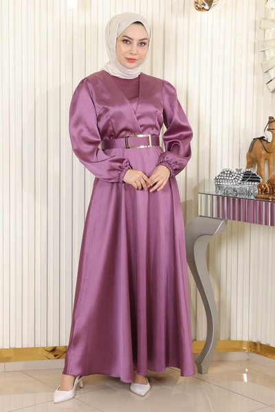 Gül Kurusu Saten Kemerli Tesettür Abiye Elbise