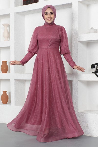 Gül Kurusu Simli Manşeti Fermuar Detaylı Tesettür Abiye Elbise