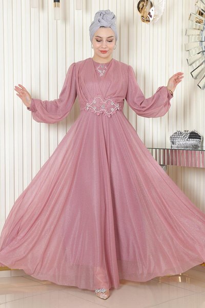 Gül Kurusu Simli Şifon Drapeli İnci Detaylı Tesettür Abiye Elbise