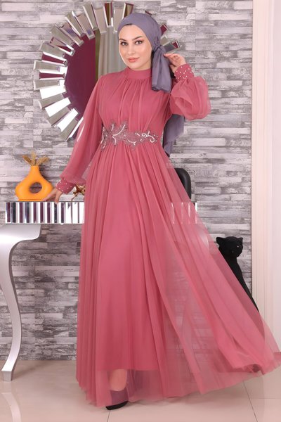 Gül Kurusu Tül İncili Dantel Detaylı Tesettür Abiye Elbise