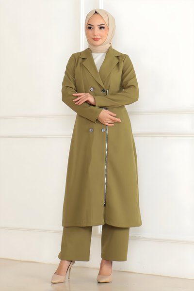 طقم محتشم كاكي بسحاب وتفاصيل أزرار