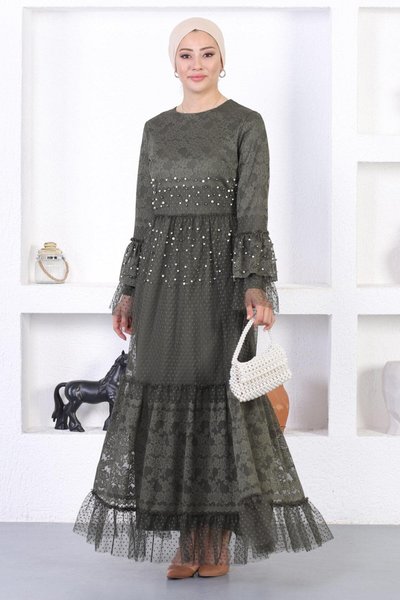 Haki Volan Kol Dantelli İncili Tesettür Abiye Elbise
