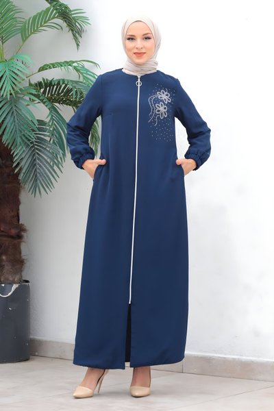 İndigo Şifon Ferace Fermuarlı Tesettür Abiye Elbise
