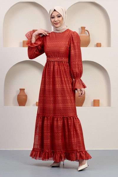 Kiremit Dantel İnci Detaylı Tesettür Abiye Elbise