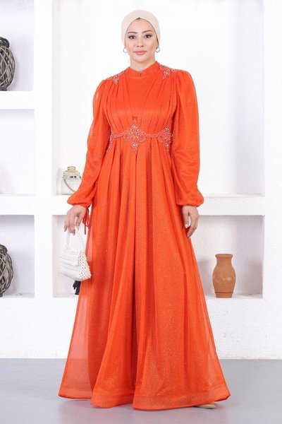 Kiremit Tesettür İncili Dantelli Simli Abiye Elbise