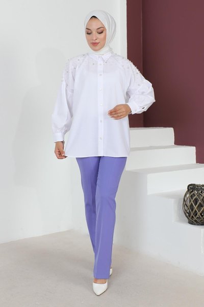Lila Çizgi Detaylı Tesettür Pantolon