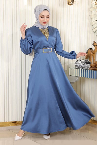 Mavi Saten Taş Detaylı Tesettür Abiye Elbise