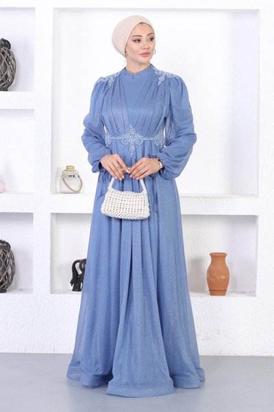 Mavi Simli Tesettür İncili Dantelli Abiye Elbise