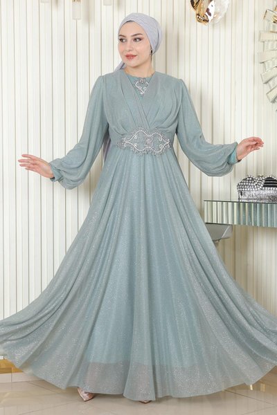 Mint Drapeli Simli İnci Detaylı Tesettür Şifon Abiye Elbise