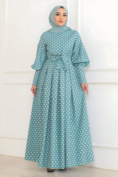 Modest Polka Dot Belted Dress - Mint