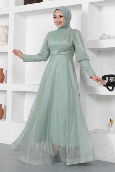 Mint Simli Manşeti Fermuar Detaylı Tesettür Abiye Elbise
