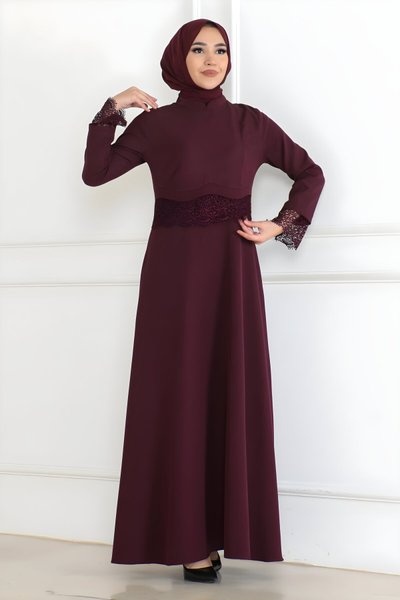 Modest Lace-Detail Dress - Deep Plum