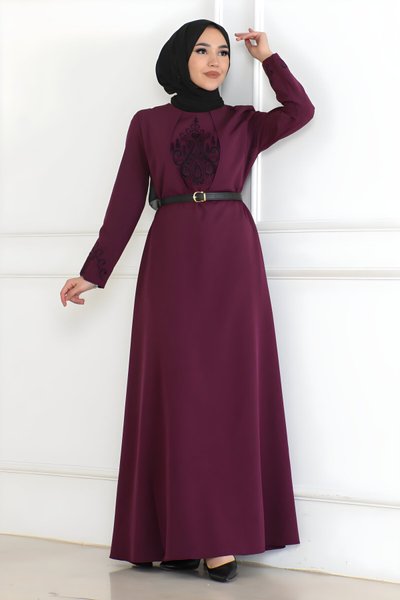 Modest Belt-Detail Dress - Plum