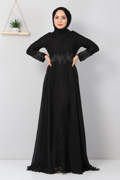 Siyah Balık Taş Detaylı Dantel Şifon Tesettür Abiye Elbise