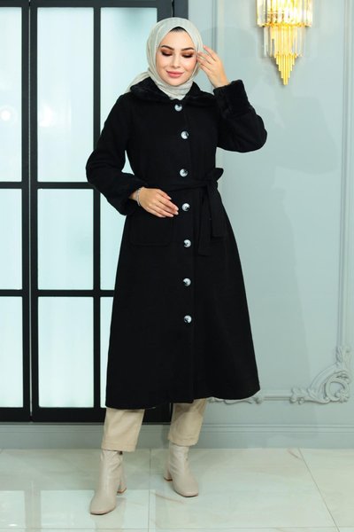 Siyah Kaşe Kürk Detaylı Kaban