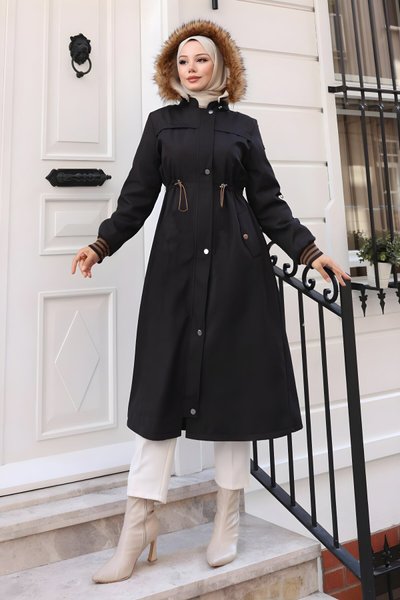 Drawstring Waist Fur Collar Coat - Black