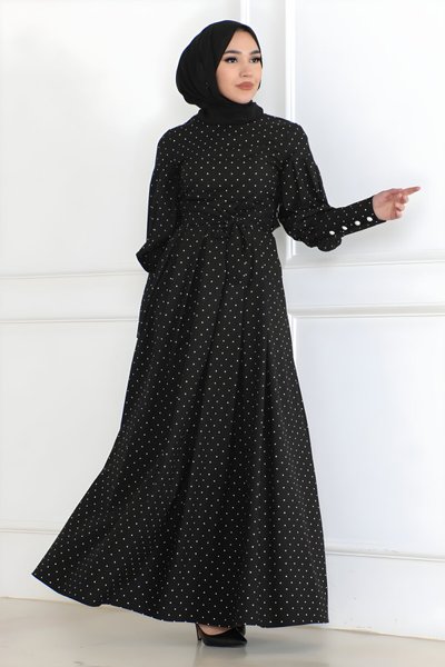 Modest Polka Dot Belted Dress - Black