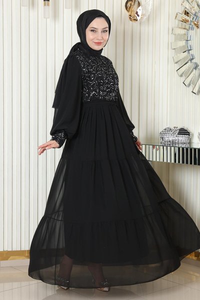 Siyah Pulpayetli Şifon Tesettür Abiye Elbise