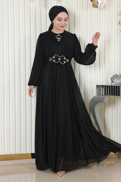 Siyah Simli Şifon Drapeli İnci Detaylı Tesettür Abiye Elbise