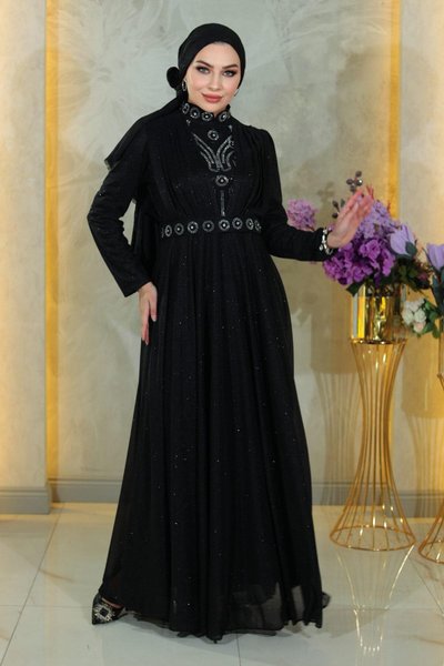 Siyah Simli Taş Detaylı Göğsü Drapeli Şifon Tesettür Abiye Elbise