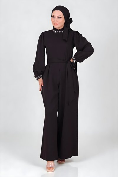 Jumpsuit Pearl-Detail Modest Evening Dress - Black