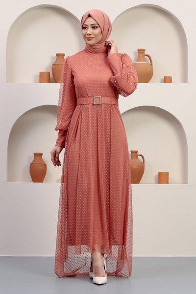 Somon Taşlı Kemeri Tül Tesettür Abiye Elbise