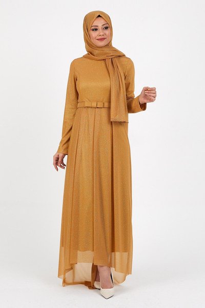 Taba Pileli Simli Tesettür Abiye Elbise