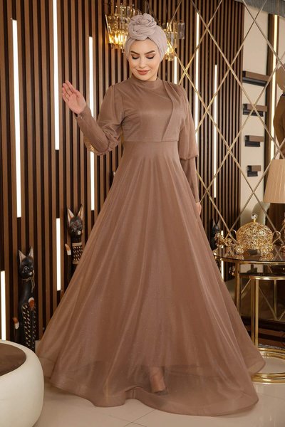 Vizon Simli Fermuar Detaylı Manşetli Tesettür Abiye Elbise