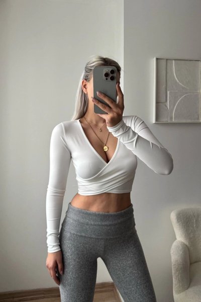 Crop Scuba Fabric Wrap Neck Blouse - White