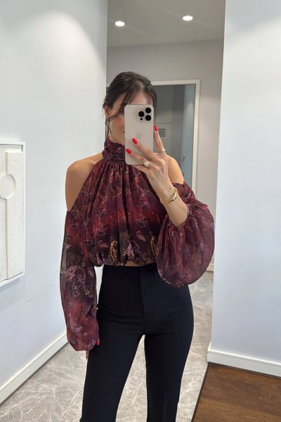 Stand Collar Patterned Chiffon Shoulder Cut-out Blouse - Burgundy