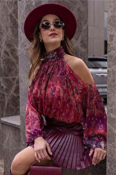 Patterned Chiffon Shoulder Cutout Blouse - Maroon