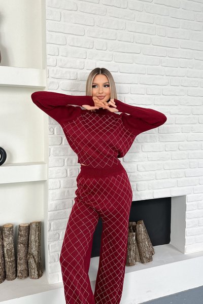Bordo İkili Triko Dik Yaka Taşlı Parmak Geçme Detaylı Takım