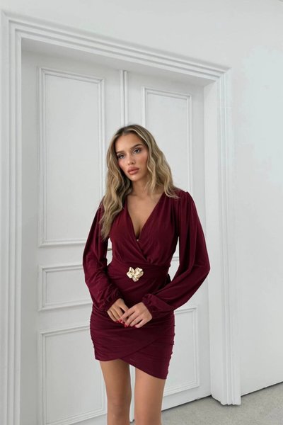 Mini Wrap Neck Balloon Sleeve Accessory Detail Dress - Burgundy