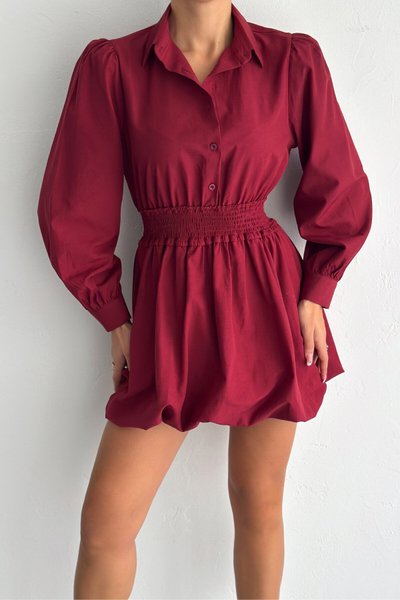 Mini Shirred Waist Balloon Skirt Shirt Dress - Burgundy