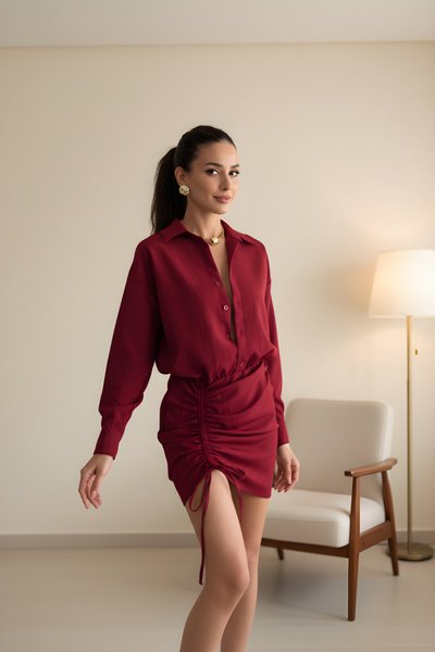 Mini Ruched Shirt-Skirt Dress - Burgundy