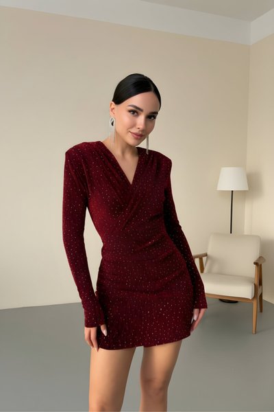 Bordo Mini Kruvaze Yaka Taşlı Abiye Elbise