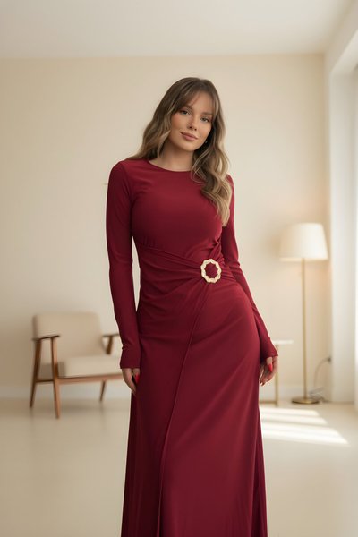 Long Waist Buckle Detail Dress - Burgundy