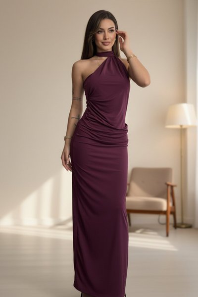 Long Draped Scarf-Detail Evening Dress - Burgundy