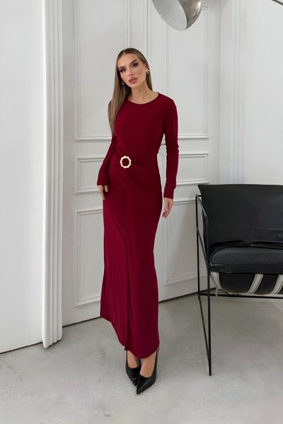 Long Sandy Draped-Waist Accessory-Detail Dress - Burgundy