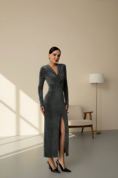 Long Shimmery Deep-Slit Wrap-Neck Evening Dress - Grey