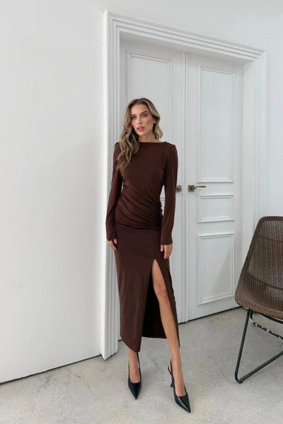 Midi Shirred-Side Low-Back Slit Dress - Brown