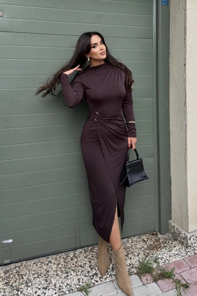 Long Crew-Neck Waist Accessory Detail Dress - Brown