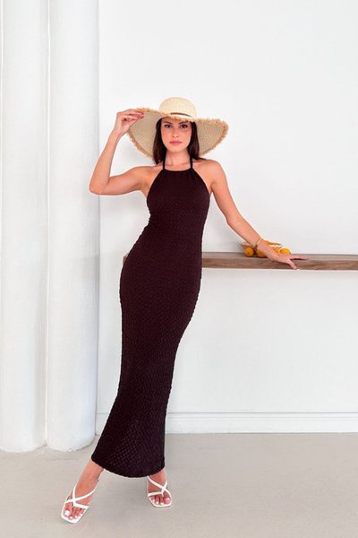 Long Textured Tie-Neck Back-Slit Dress - Brown