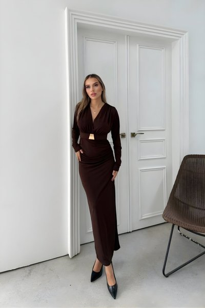 Long Sandy Draped Wrap-Neck Belted Slit Dress - Brown