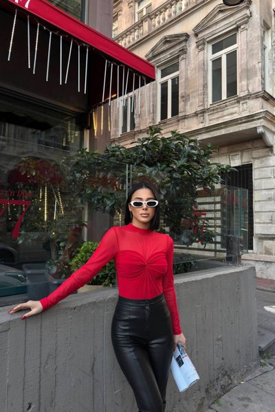 Cropped Tulle Twisted-Front Blouse - Red